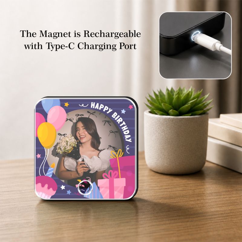 Personalized Happy Birthday Musical Fridge Photo Frame Magnet Rechargeable Wireless Music Box Birthday Gift for Girlfriend & Wife Custom with Any Song Music Playable Feature